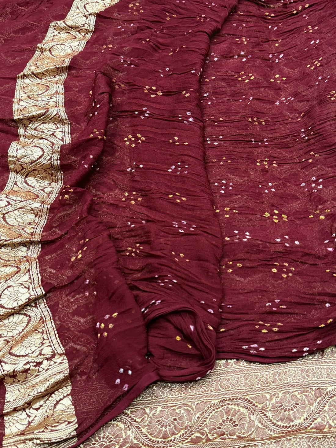 Wine Banarasi Pure Bandhej Georgette Saree – Luxury Cutwork Brocade Festive Saree