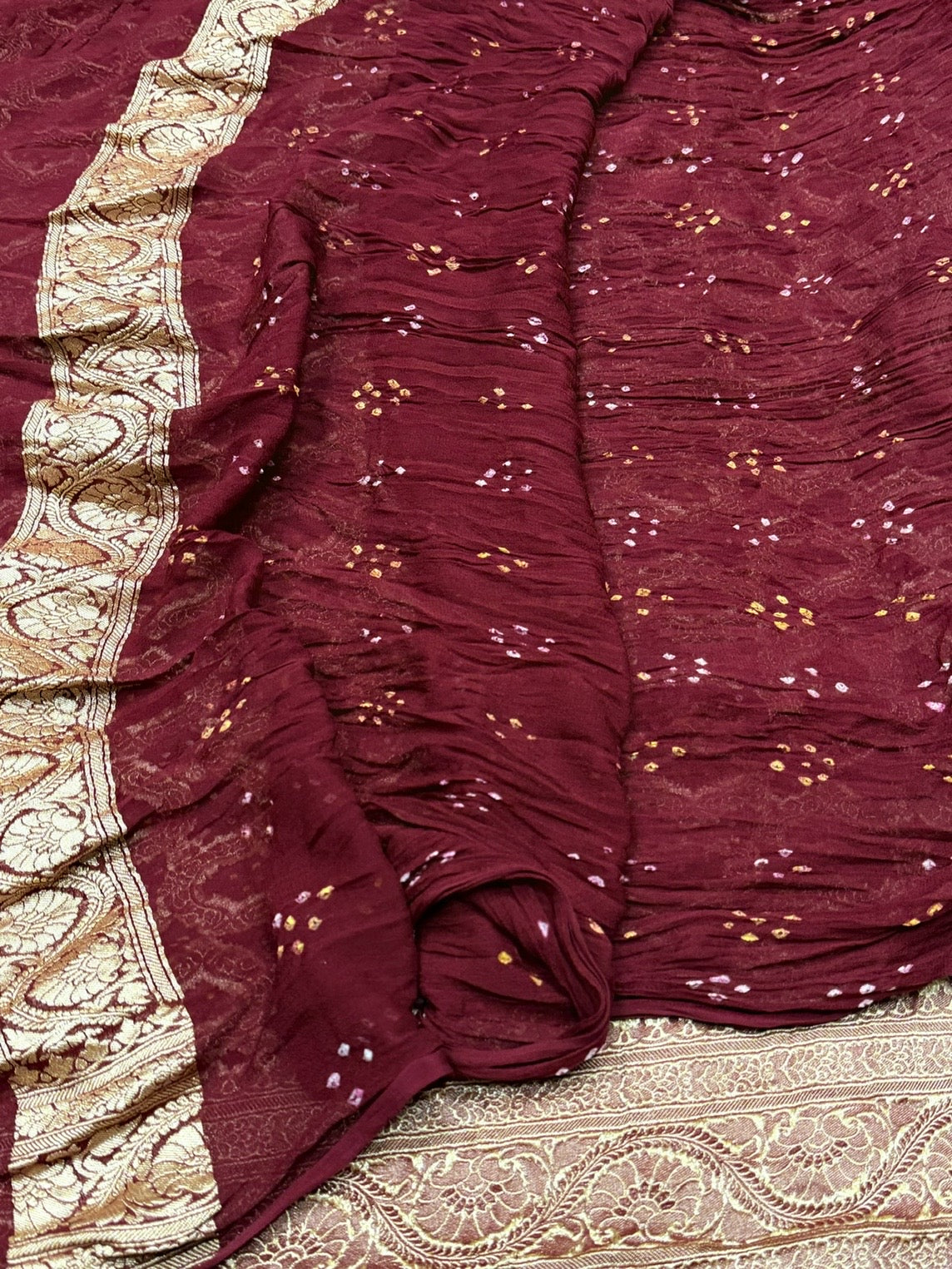 Wine Banarasi Pure Bandhej Georgette Saree – Luxury Cutwork Brocade Festive Saree