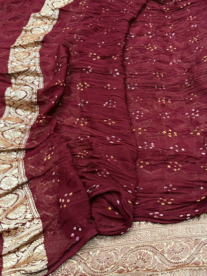 Wine Banarasi Pure Bandhej Georgette Saree – Luxury Cutwork Brocade Festive Saree