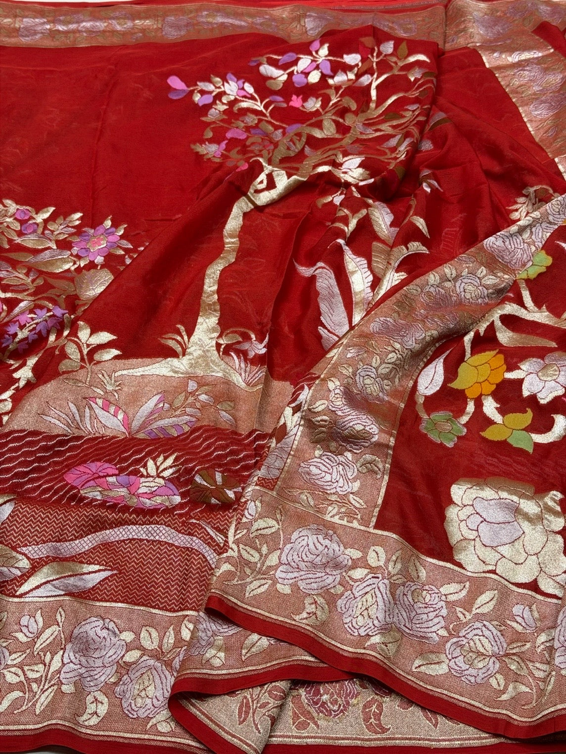 Red Pure Banarasi Chiffon Georgette Saree