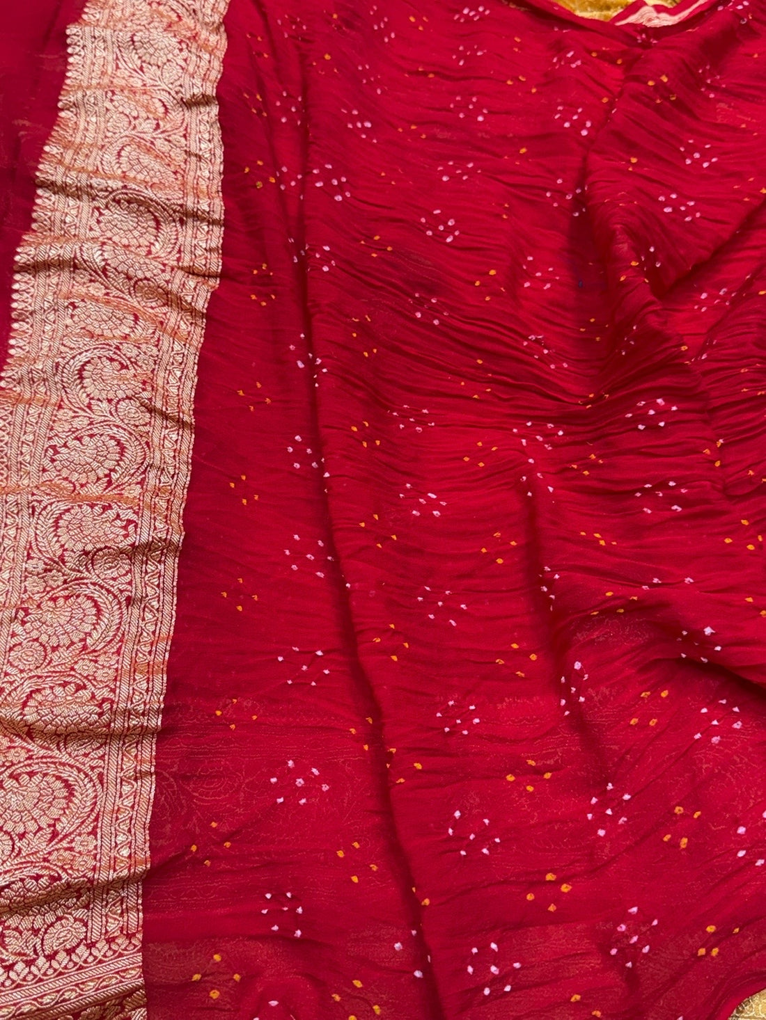 Red Banarasi Pure Bandhej Georgette Saree – Luxury Cutwork Brocade Wedding &amp; Festive Saree