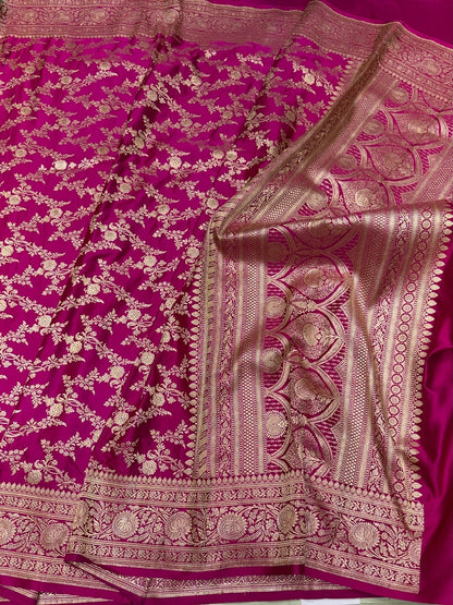 Rani Pink Handwoven Vintage Pure Banarasi Satin Silk Saree