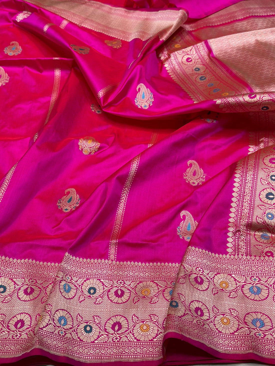 Rani Pink Handwoven Pure Banarasi Silk Saree – Kadwa Weave in 100% Katan Mulberry Silk