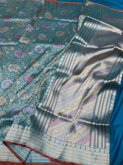 Peacock Blue Handwoven Pure Banarasi Brocade Saree