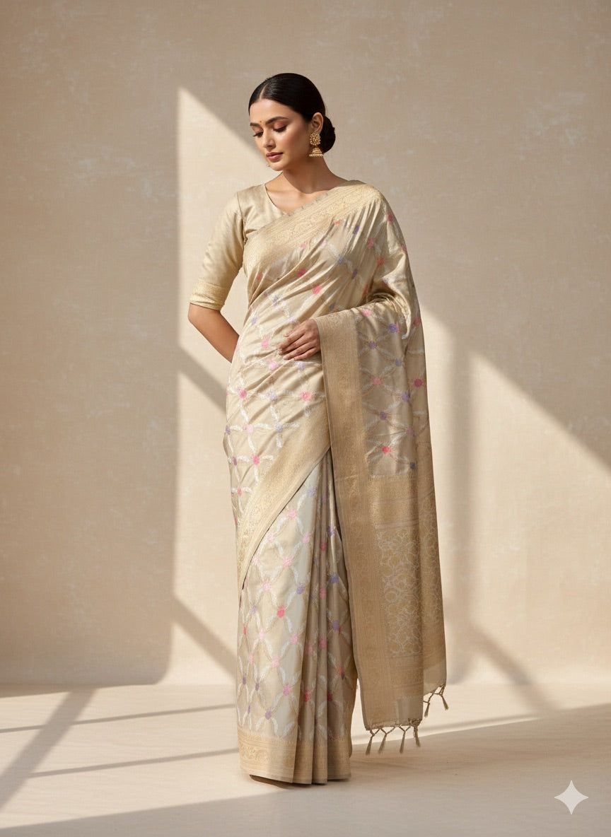 Cream Handwoven Pure Banarasi Silk Saree | Pure Katan Silk | Kadwa Weave | HMR Handlooms
