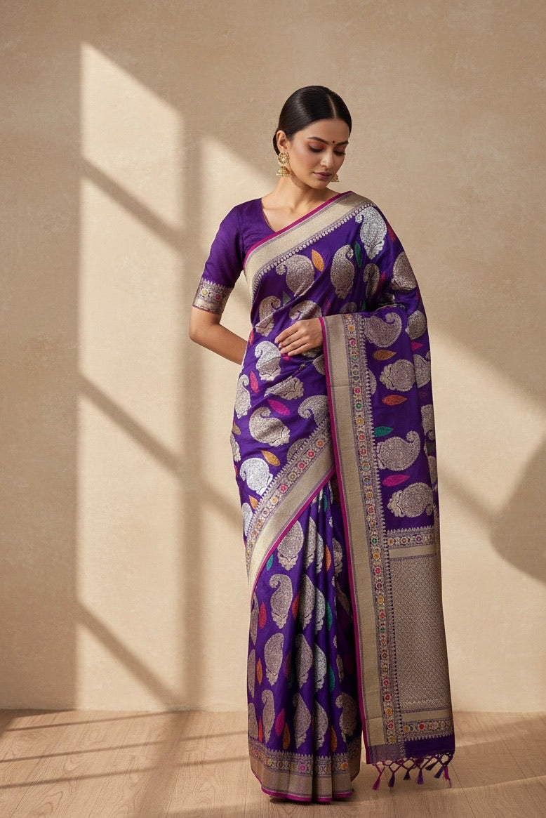 Purple Handwoven Pure Banarasi Silk Saree | Pure Katan Silk | Kadwa Weave | HMR Handlooms