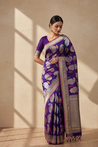 Purple Handwoven Pure Banarasi Silk Saree | Pure Katan Silk | Kadwa Weave | HMR Handlooms