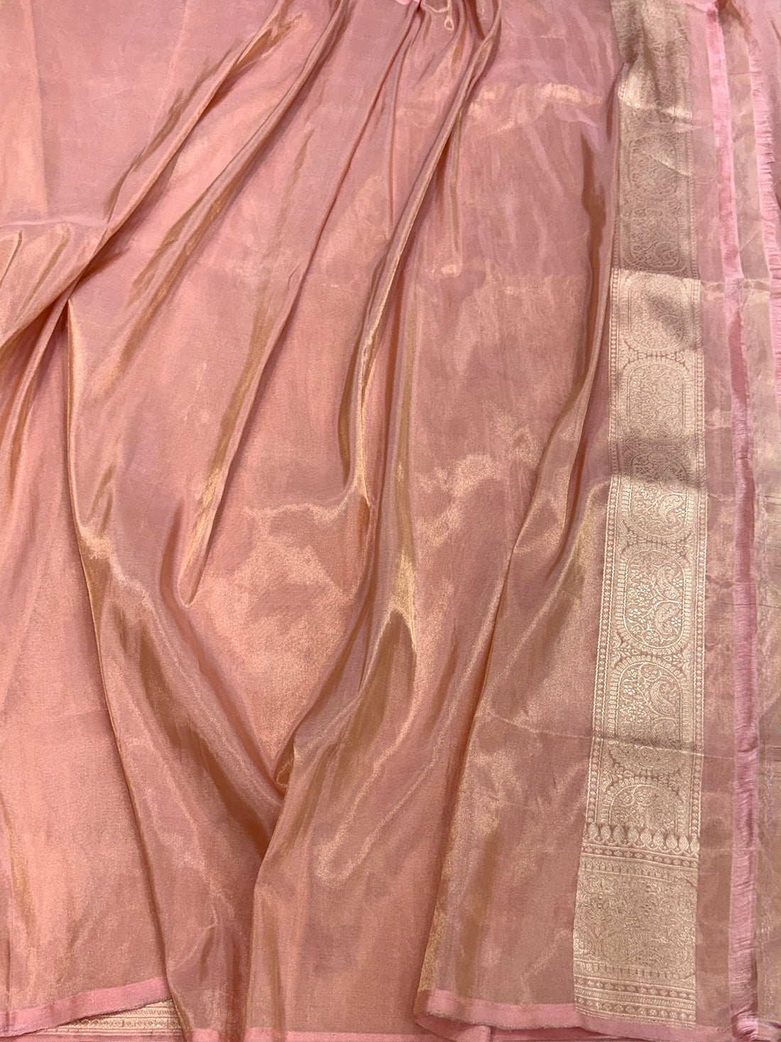 Rose Gold Pink Handwoven Pure Banarasi Tissue Silk Saree – Kadwa Weave | Lightweight Katan-Tissue Silk | Modern Skirt Design