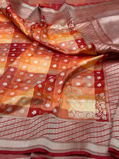 Rustic Orange Handwoven Pure Banarasi Rangkaat Saree in Katan Silk – Traditional Checks Weave