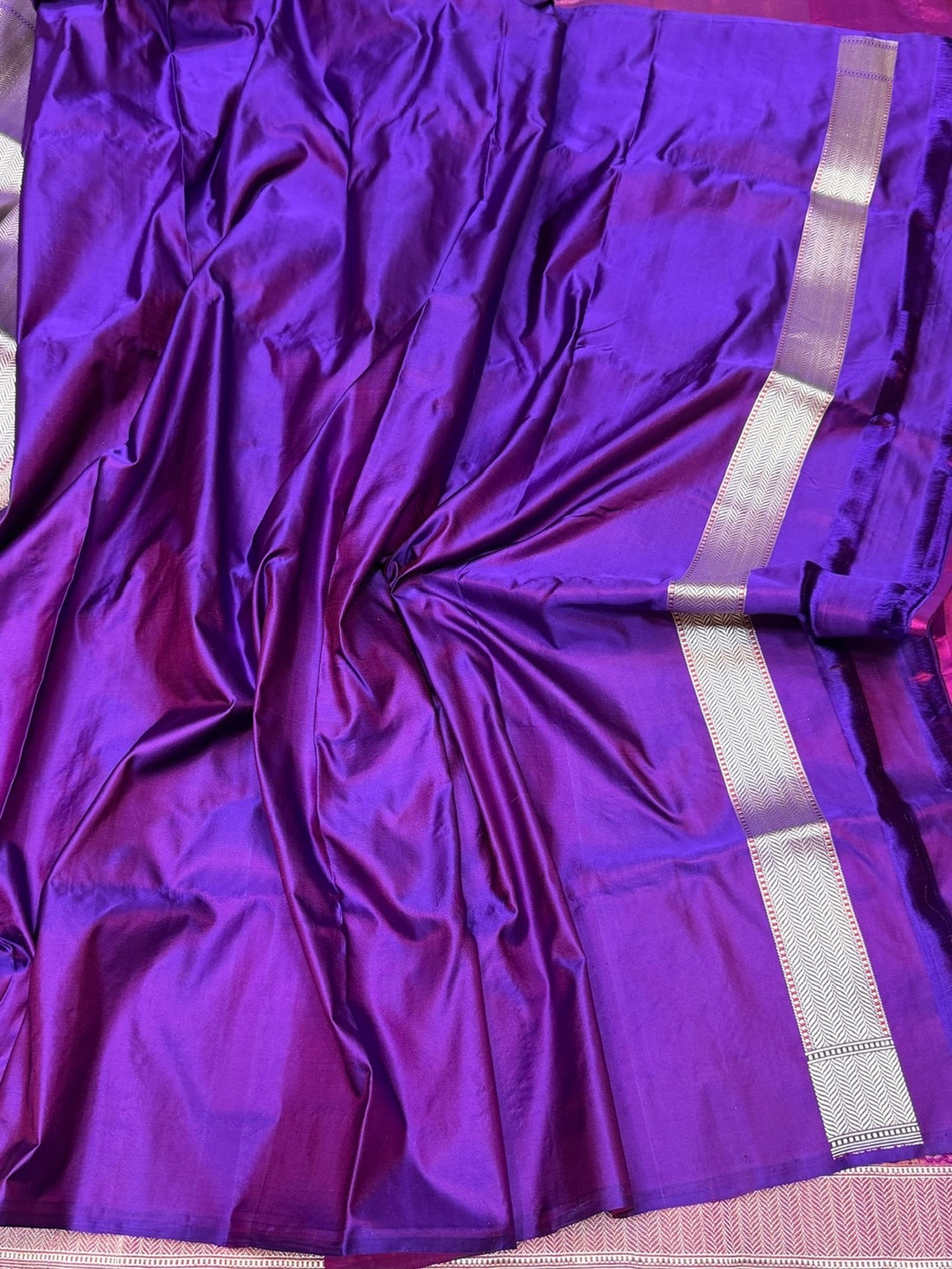 Purple Handwoven Pure Banarasi Satin Tanchoi Silk Saree – 100% Pure Satin Silk, Intricate Kadwa Weave