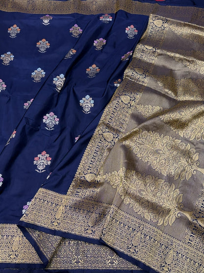 Navy Blue Handwoven Pure Banarasi Silk Saree