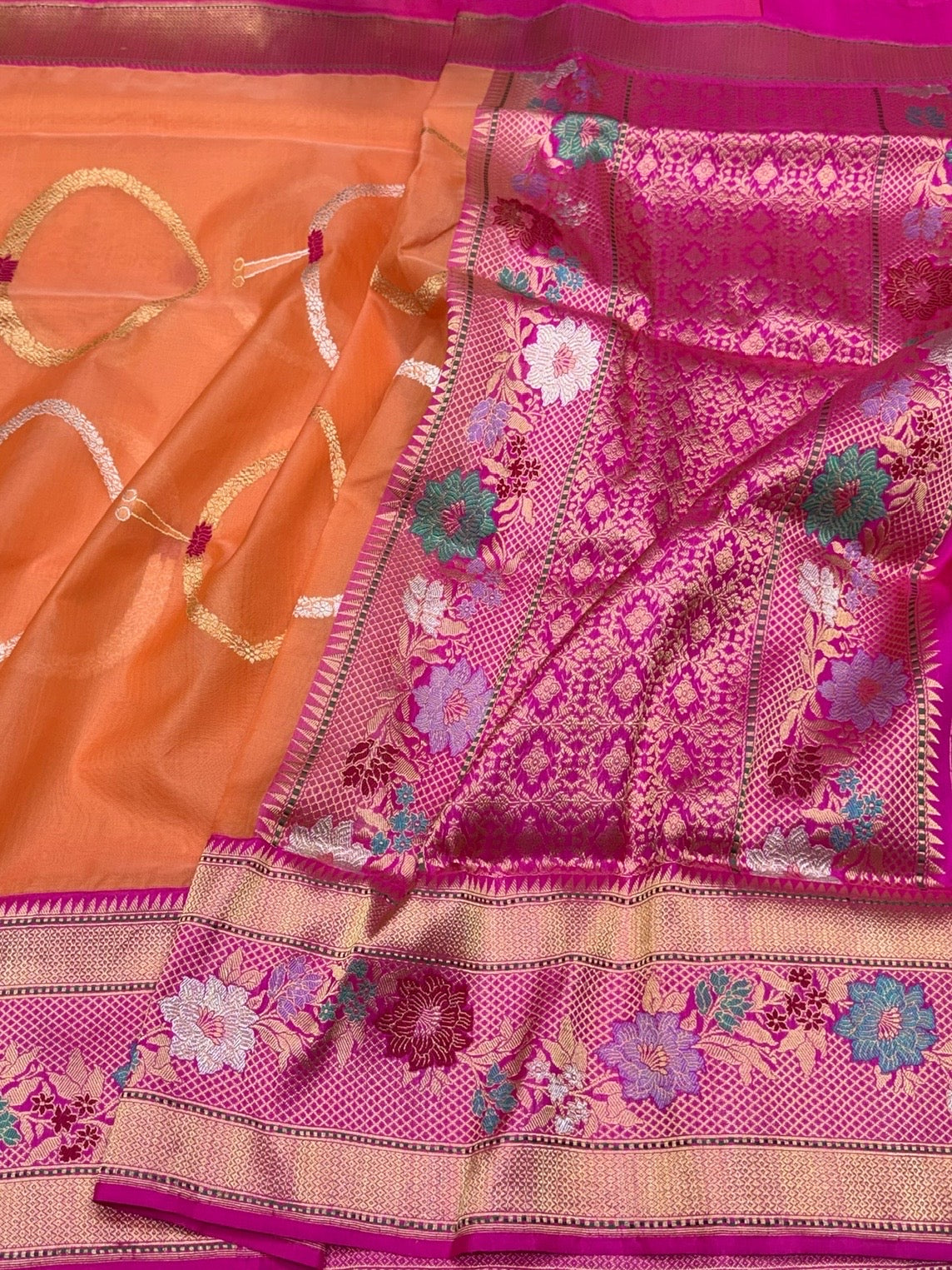 Orange Handwoven Pure Banarasi Organza Silk Saree in Kadwa Weave | 100% Pure Kora Silk