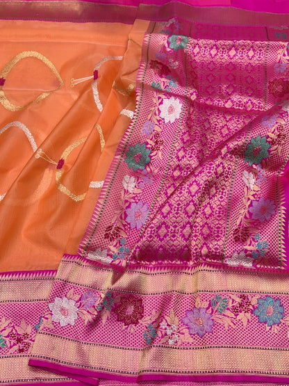 Orange Handwoven Pure Banarasi Organza Silk Saree in Kadwa Weave | 100% Pure Kora Silk