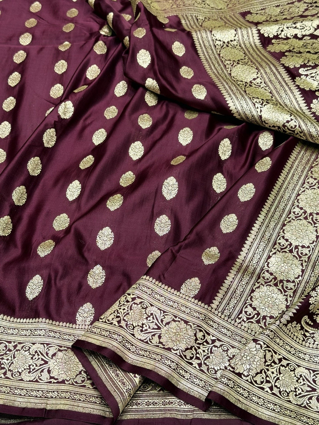 Wine Handwoven Vintage Pure Banarasi Satin Silk Saree