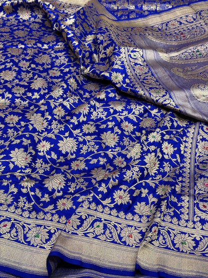 Royal Blue Handwoven Pure Banarasi Silk Saree – Kadwa Weave in 100% Katan Mulberry Silk