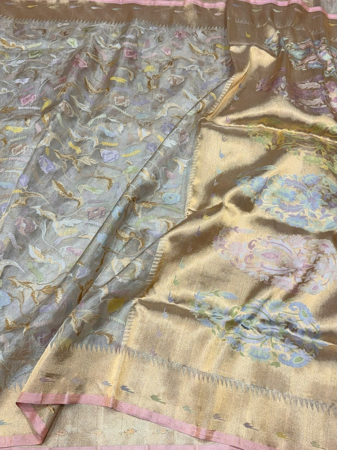 Silver Grey Handwoven Pure Banarasi Ektara Tissue Saree