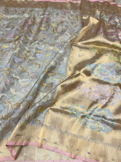 Silver Grey Handwoven Pure Banarasi Ektara Tissue Saree