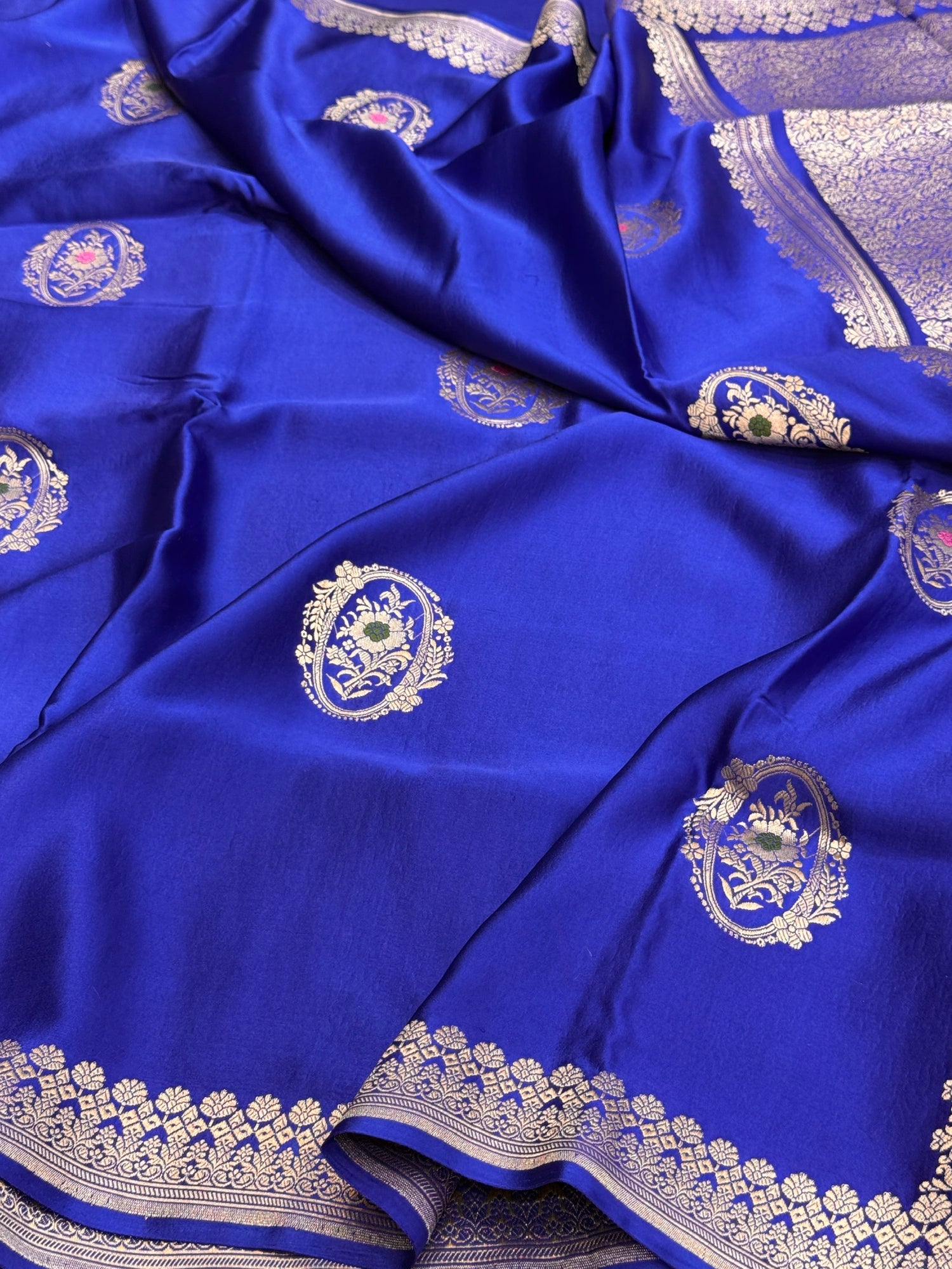 Royal Blue Handwoven Pure Mashru Banarasi Satin Silk Saree – Kadwa Weave | Authentic Banaras Handloom