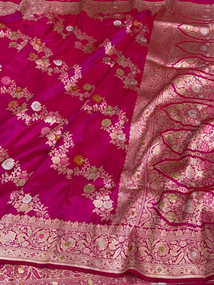 Rani pink Banarasi Pure Katan Silk Saree