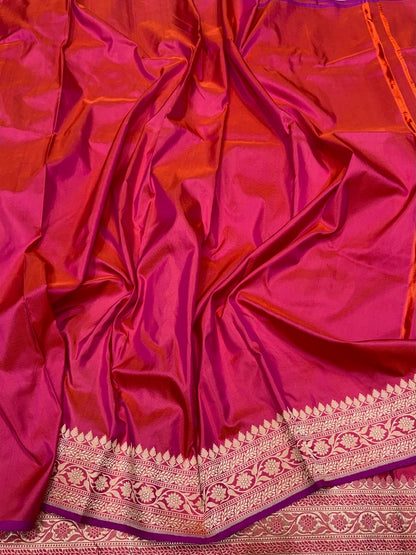 Orangish Pink Handwoven Pure Banarasi Silk Saree