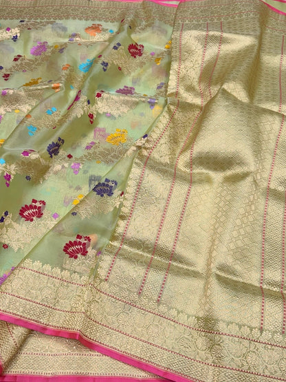 Pista Handwoven Pure Banarasi Organza Silk Saree in Kadwa Weave | 100% Pure Kora Silk