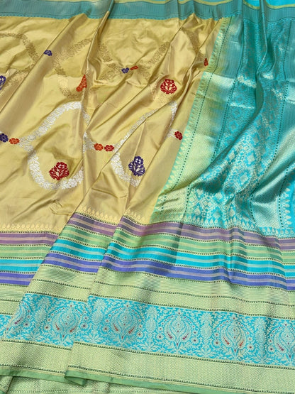Mustard Yellow / Turquoise Green Handwoven Pure Banarasi Ektara Silk Saree – Luxury Kadwa Weave