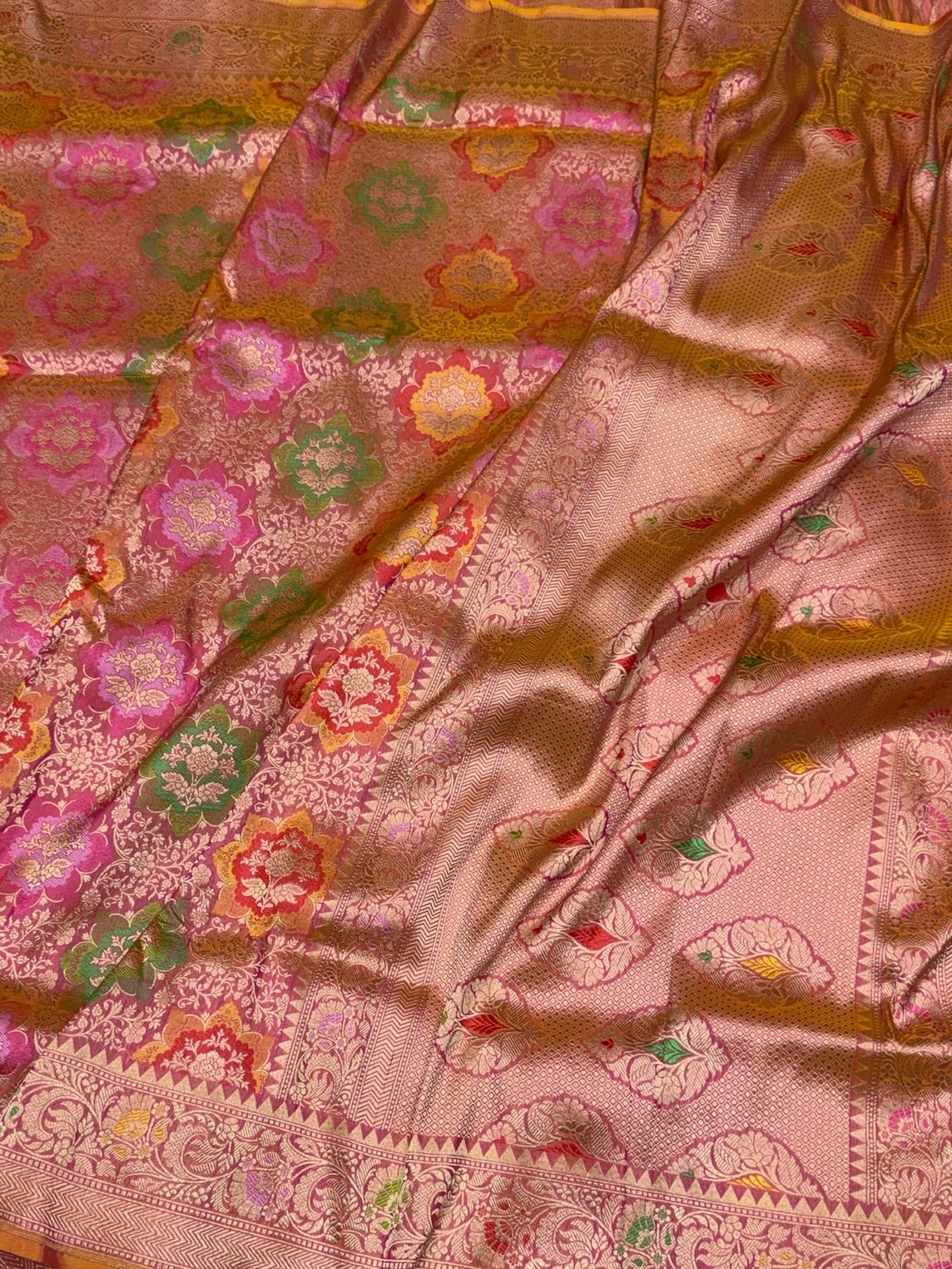 Orangish Pink Banarasi Tilfi Minakari Pure Silk Saree