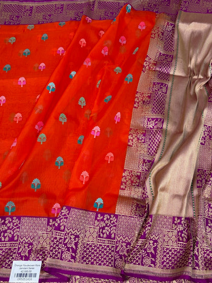 Orange Handwoven Pure Banarasi Kora Jamdani Silk Saree