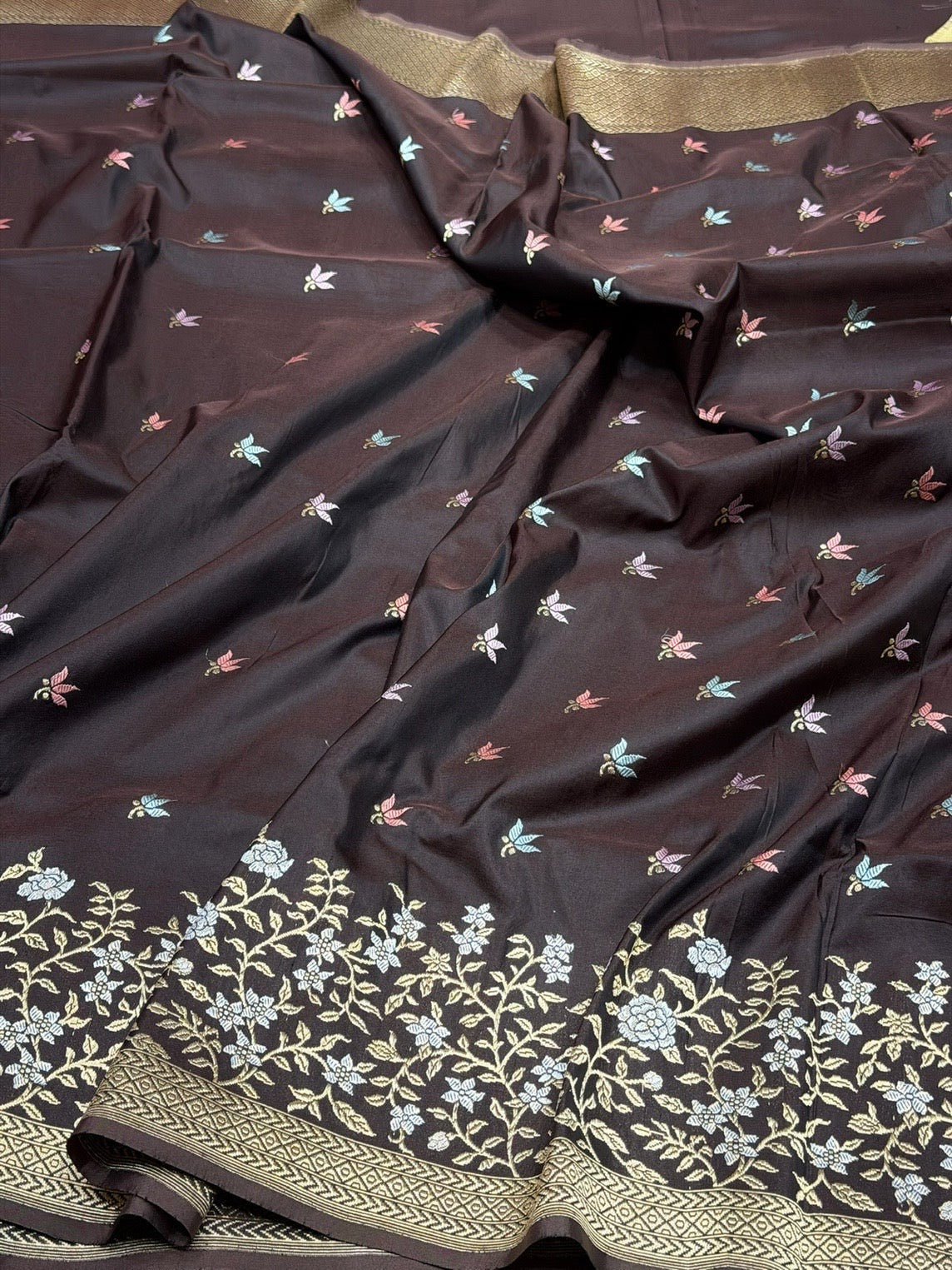 Coffee Brown Handwoven Pure Banarasi Silk Saree – Kadwa Weave, Pure Katan-Mulberry Silk