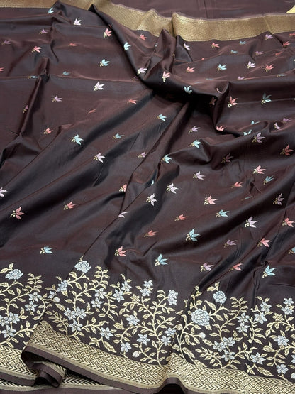 Coffee Brown Handwoven Pure Banarasi Silk Saree – Kadwa Weave, Pure Katan-Mulberry Silk