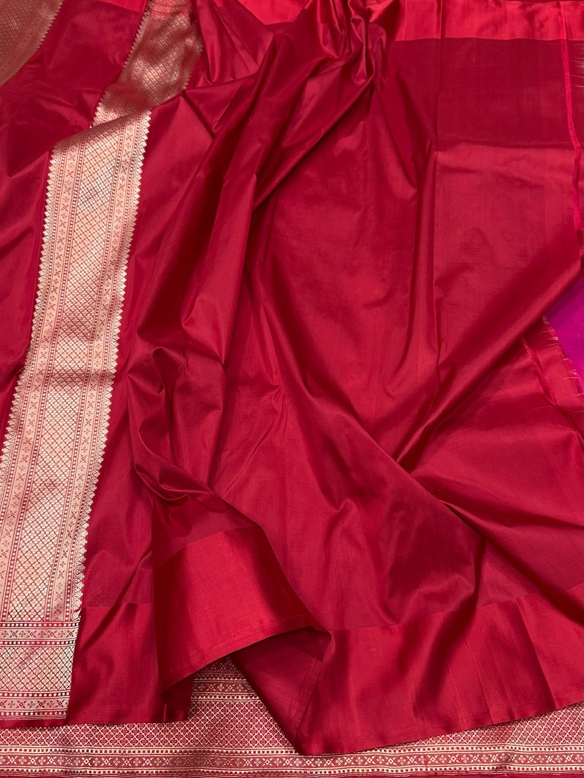 Red Pure Banarasi Silk Brocade Saree with Satin Border – Katan Silk Elegance