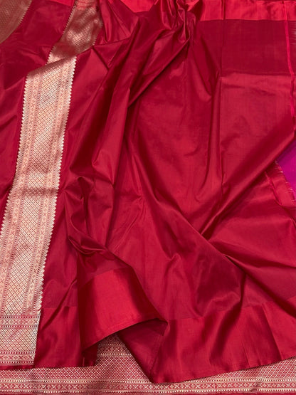 Red Pure Banarasi Silk Brocade Saree with Satin Border – Katan Silk Elegance