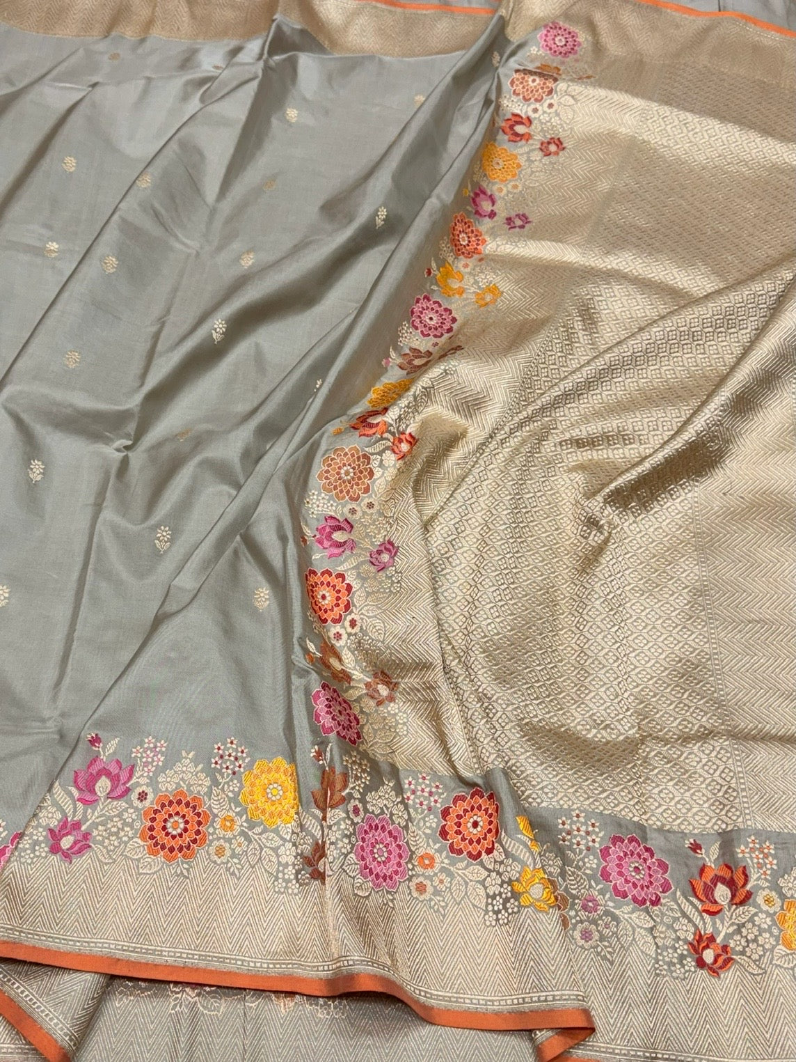 Silver Grey Handwoven Pure Banarasi Silk Saree – Kadwa Weave Luxury Wedding &amp; Festive Saree