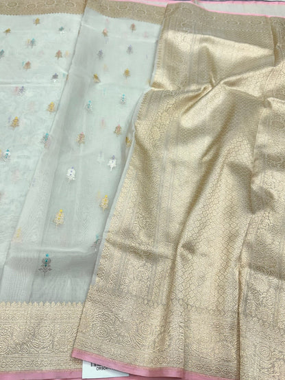 White Handwoven Pure Banarasi Organza Silk Saree