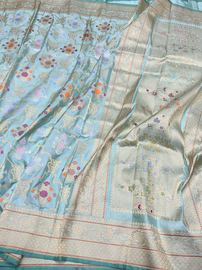 Sky Blue Handwoven Pure Banarasi Silk Saree – Luxury Kadwa Handloom Wedding &amp; Festive Saree