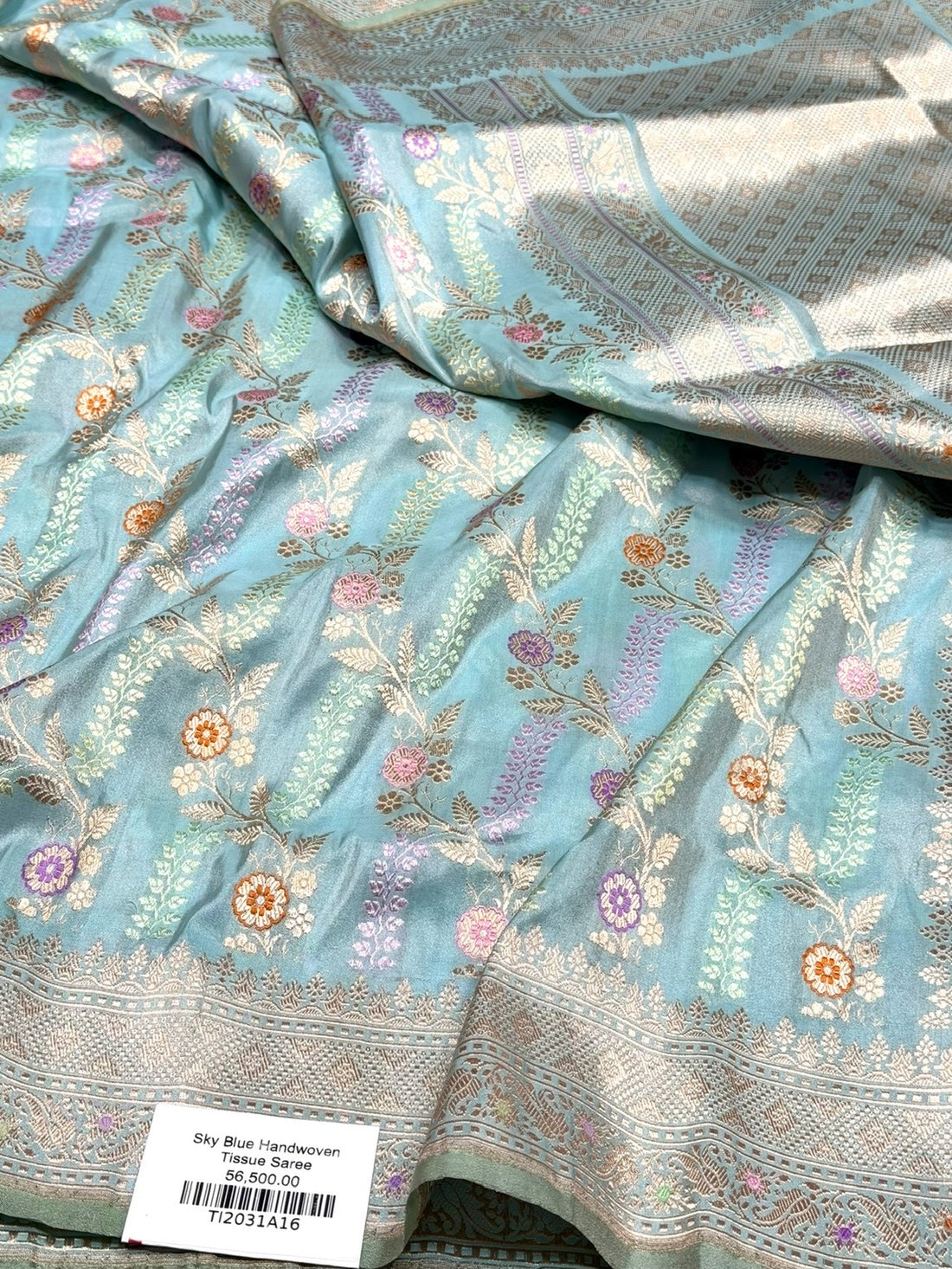 Sky Blue Handwoven Pure Banarasi Tissue Silk Saree – Kadwa Weave in 100% Tissue Silk
