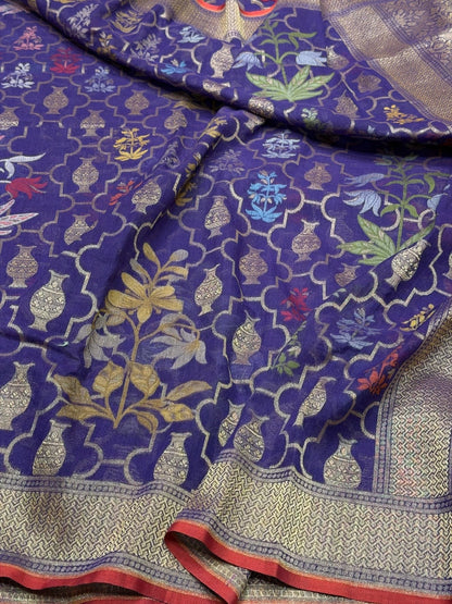 Ink Blue Banarasi Pure Muslin Cotton Jamdani Saree