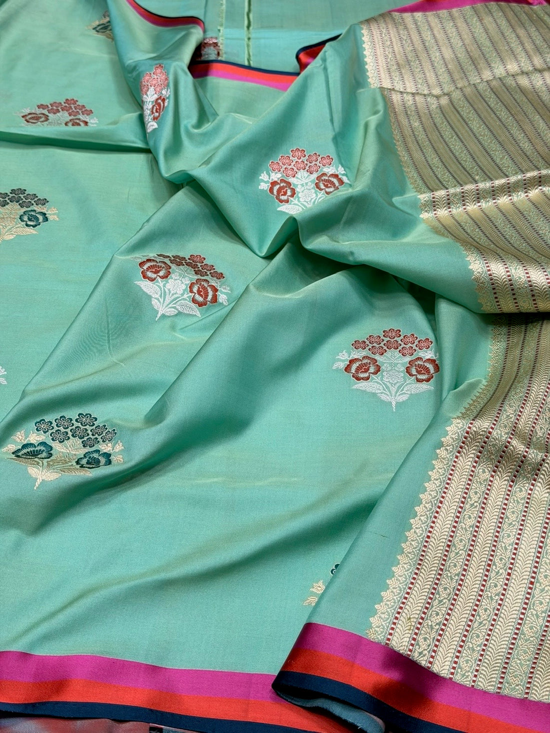 Sea Green Handwoven Pure Banarasi Ektara Silk Satin Border Saree