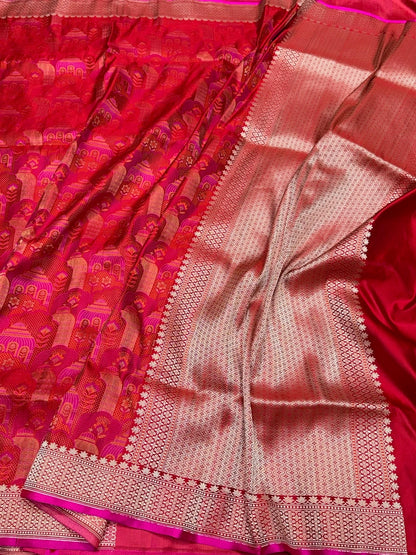 Red Handwoven Pure Banarasi Satin Tanchoi Silk Saree – 100% Pure Satin Silk, Kadwa Weave