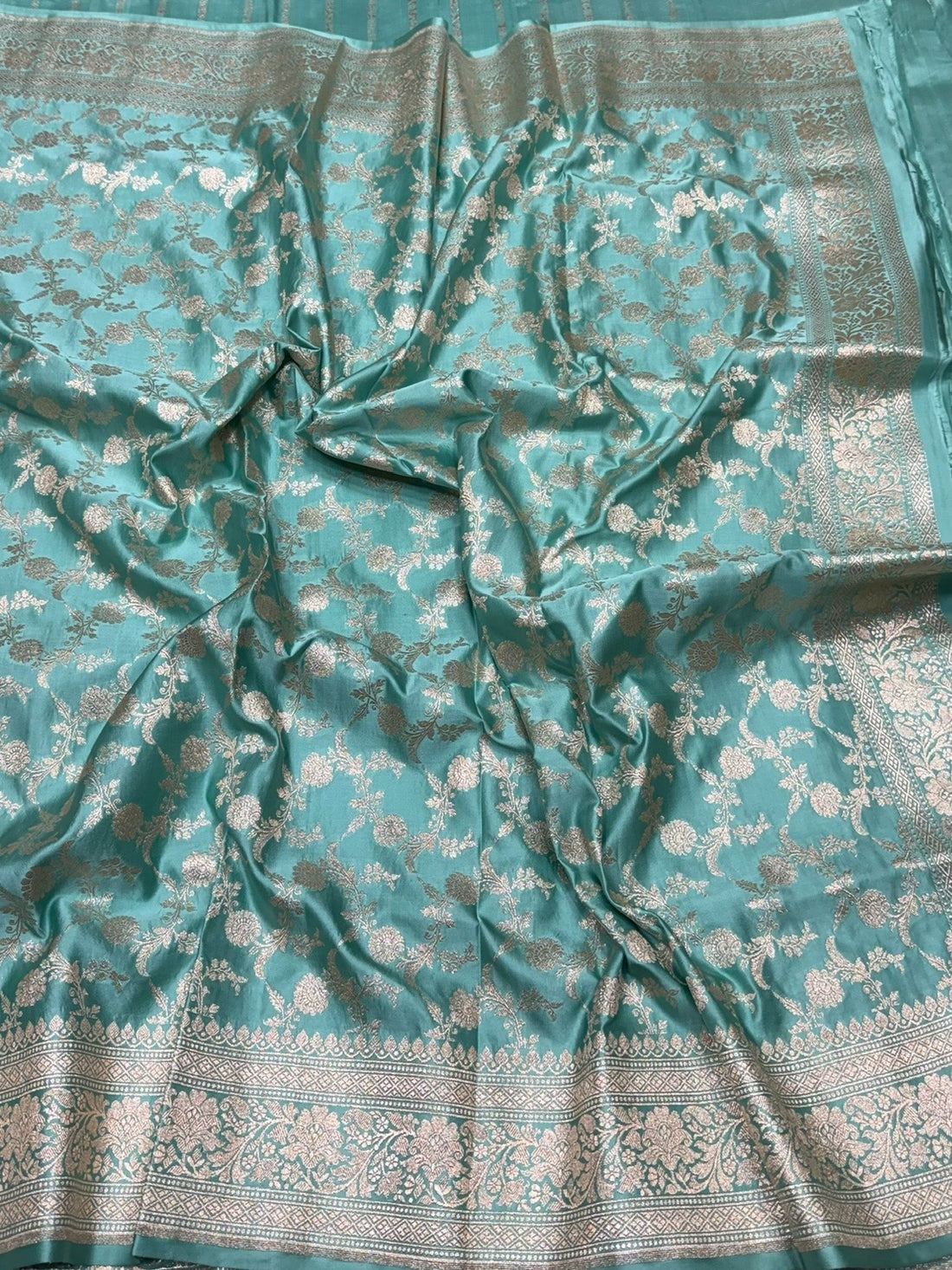 Sea Blue Handwoven Vintage Pure Banarasi Satin Silk Saree