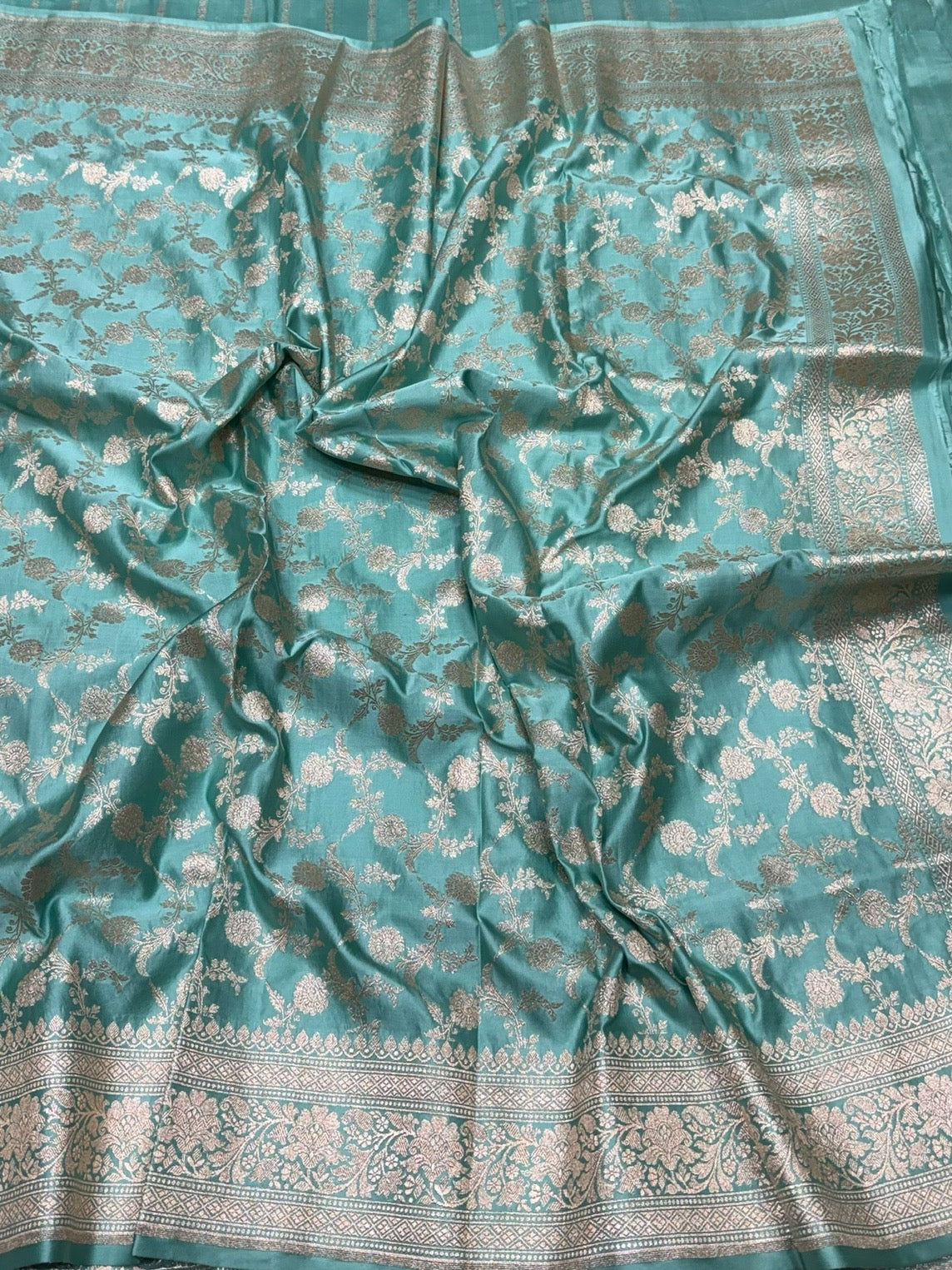 Sea Blue Handwoven Vintage Pure Banarasi Satin Silk Saree