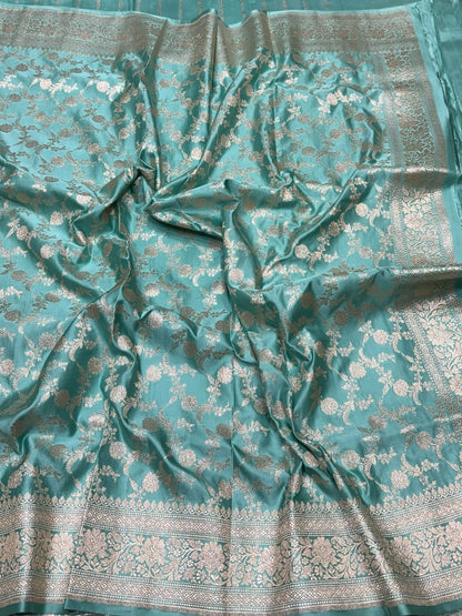 Sea Blue Handwoven Vintage Pure Banarasi Satin Silk Saree