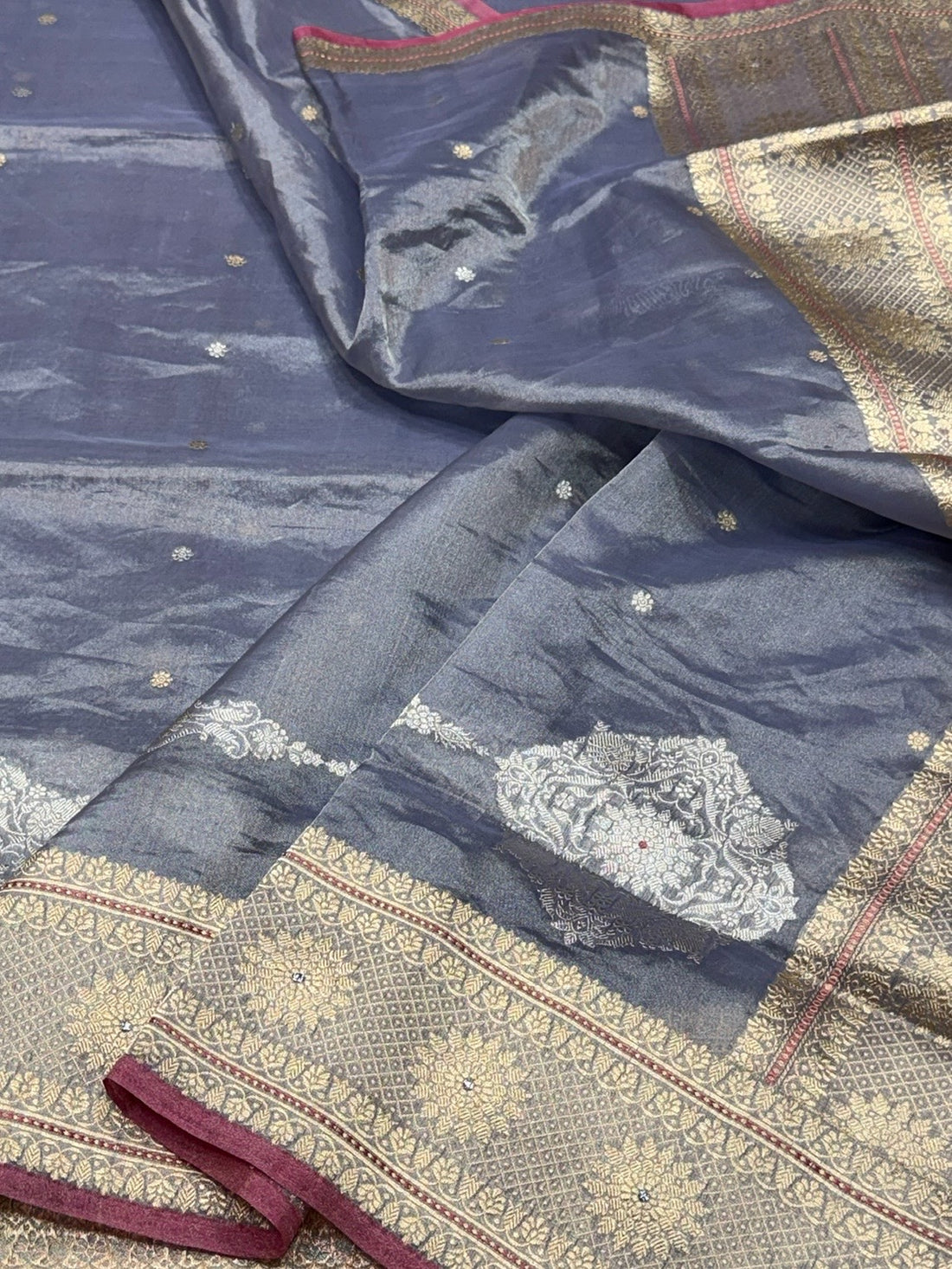 Bluish Grey Handwoven Pure Banarasi Tissue Silk Saree