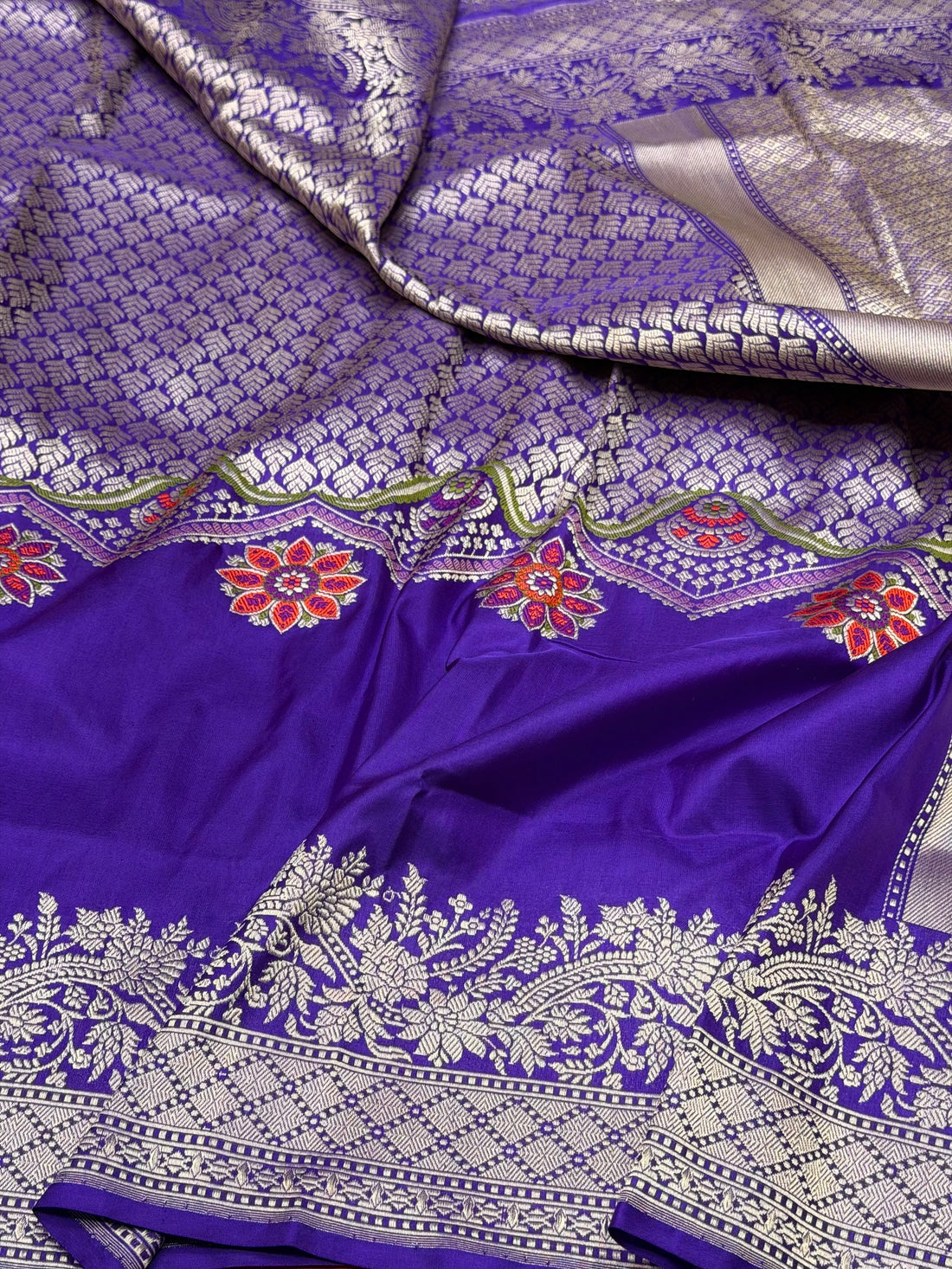 Purple Handwoven Pure Banarasi Silk Saree in Kadwa Weave | Authentic Katan Mulberry Silk