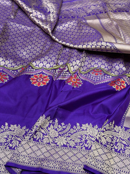 Purple Handwoven Pure Banarasi Silk Saree in Kadwa Weave | Authentic Katan Mulberry Silk