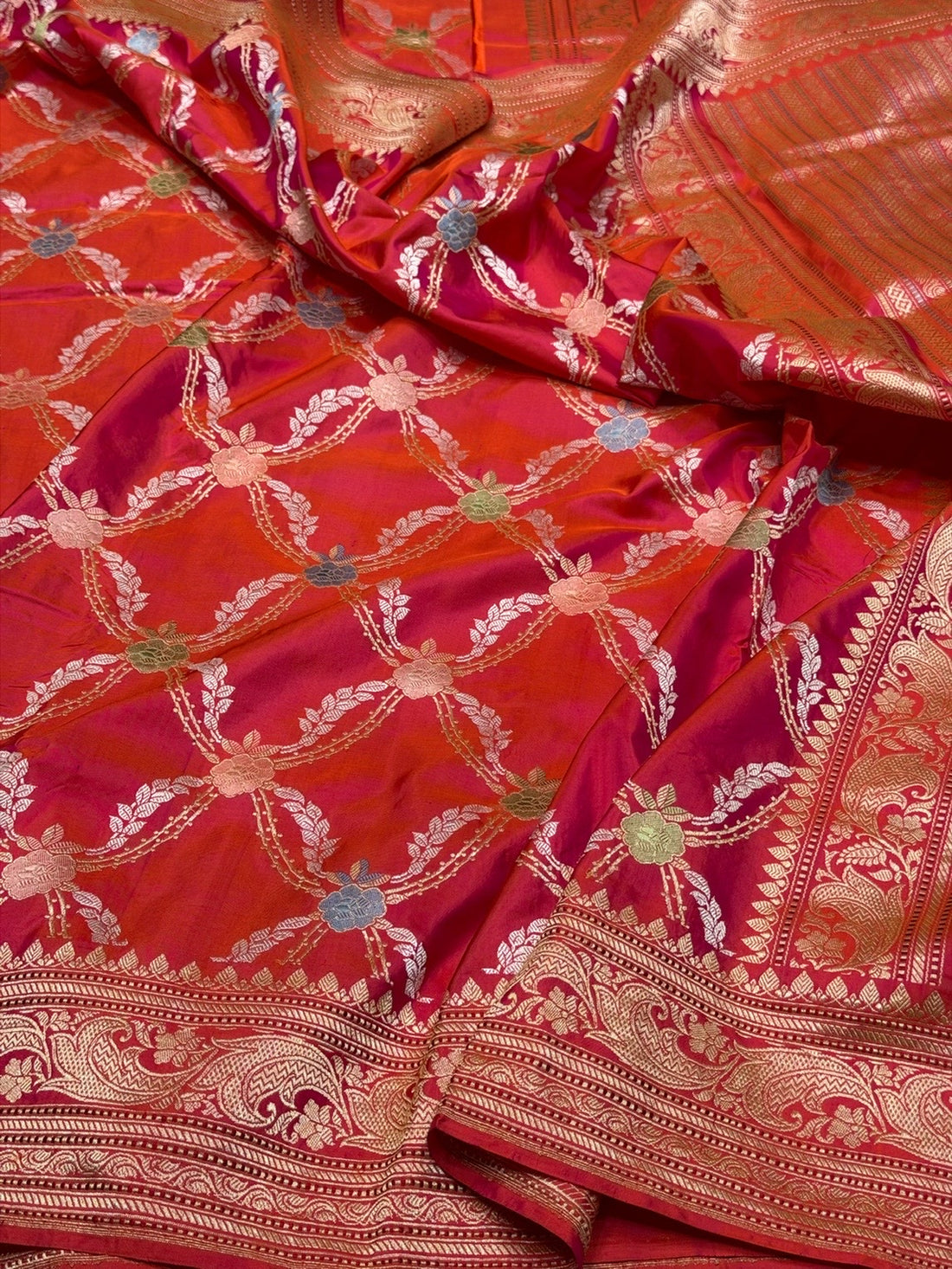 Orangish Pink Handwoven Pure Banarasi Silk Saree – Kadwa Weave in 100% Katan Mulberry Silk