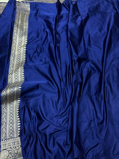 Navy Blue Handwoven Vintage Pure Banarasi Satin Silk Saree