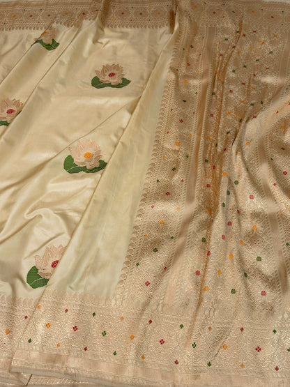Ivory Cream Handwoven Pure Banarasi Ektara Silk Saree