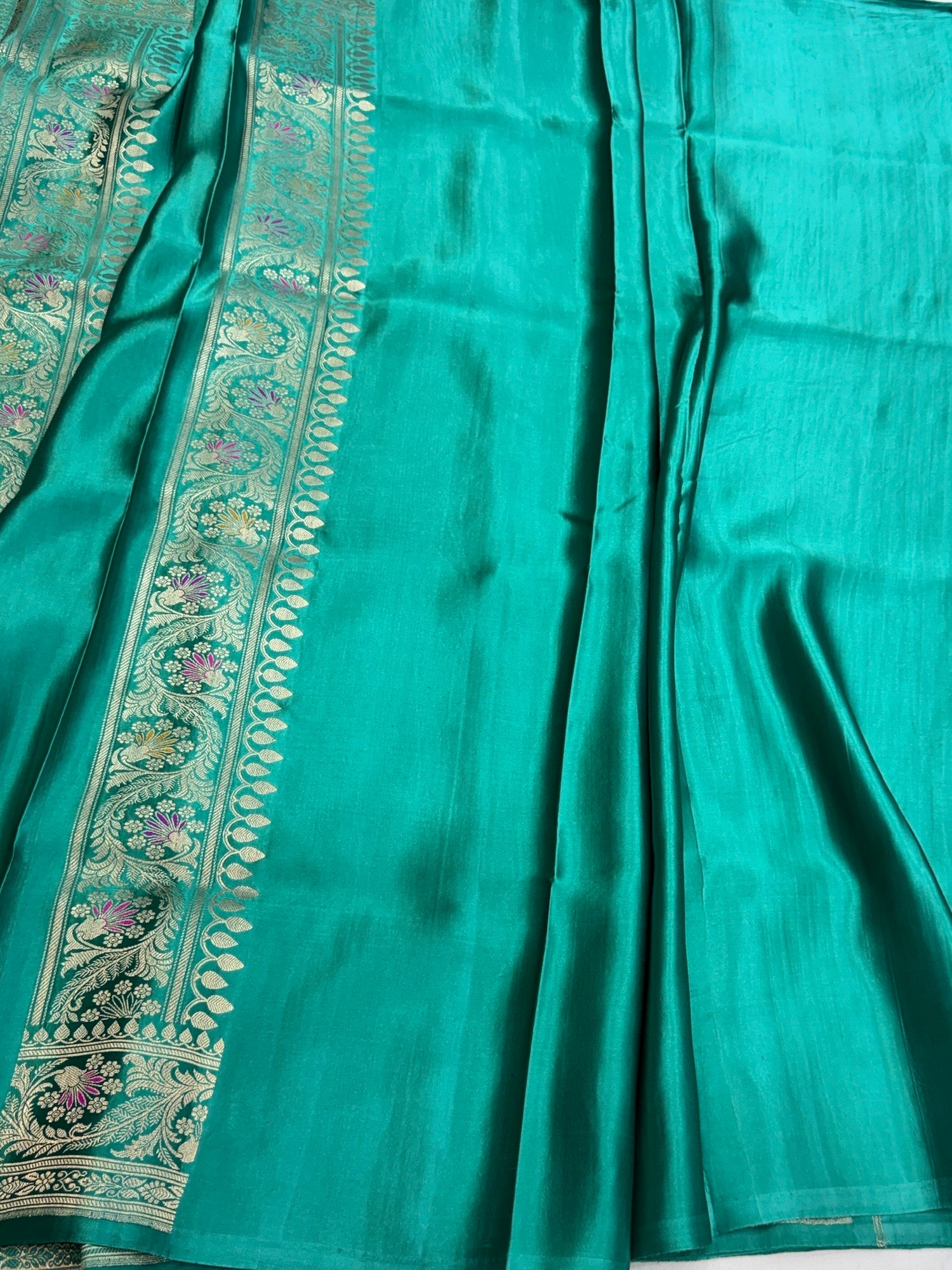 Sea Green Handwoven Pure Mashru Banarasi Satin Silk Saree – Kadwa Weave | Authentic Banaras Handloom