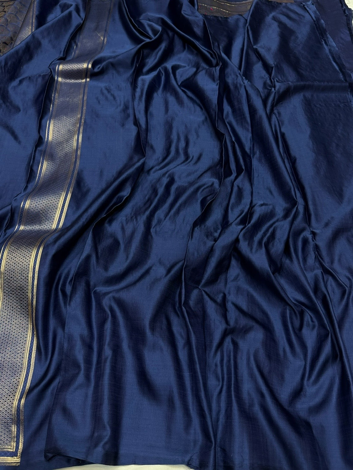 Navy Blue Handwoven Pure Banarasi Satin Tanchoi Silk Saree